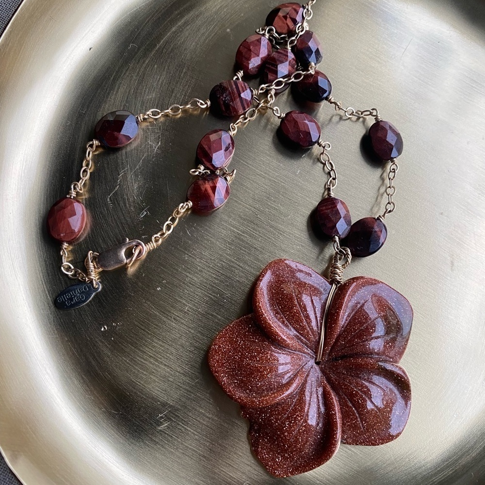 Gara Danielle carved Sunstone and tiger’s eye 16” statement necklace